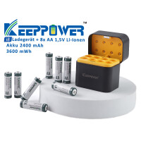 Keeppower I8 Ladegerät mit 8× 1,5V AA Li-Ion-Akkus 2400mAh – USB-C Eingang